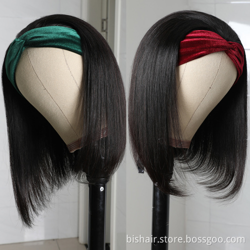 straight Bob Headband Human Hair Wigs For Black Women 150% Remy Brazilian Short Bob Head band Gluless Machine Made Scarf Wigs